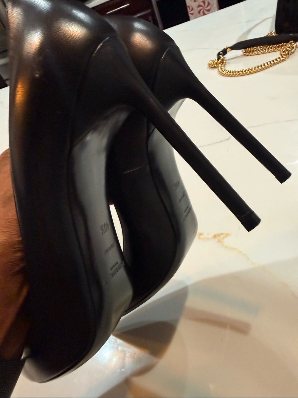 Yves Saint Laurent Black Leather Pointed Toe Pumps with Red Trim - Picture 3 of 7